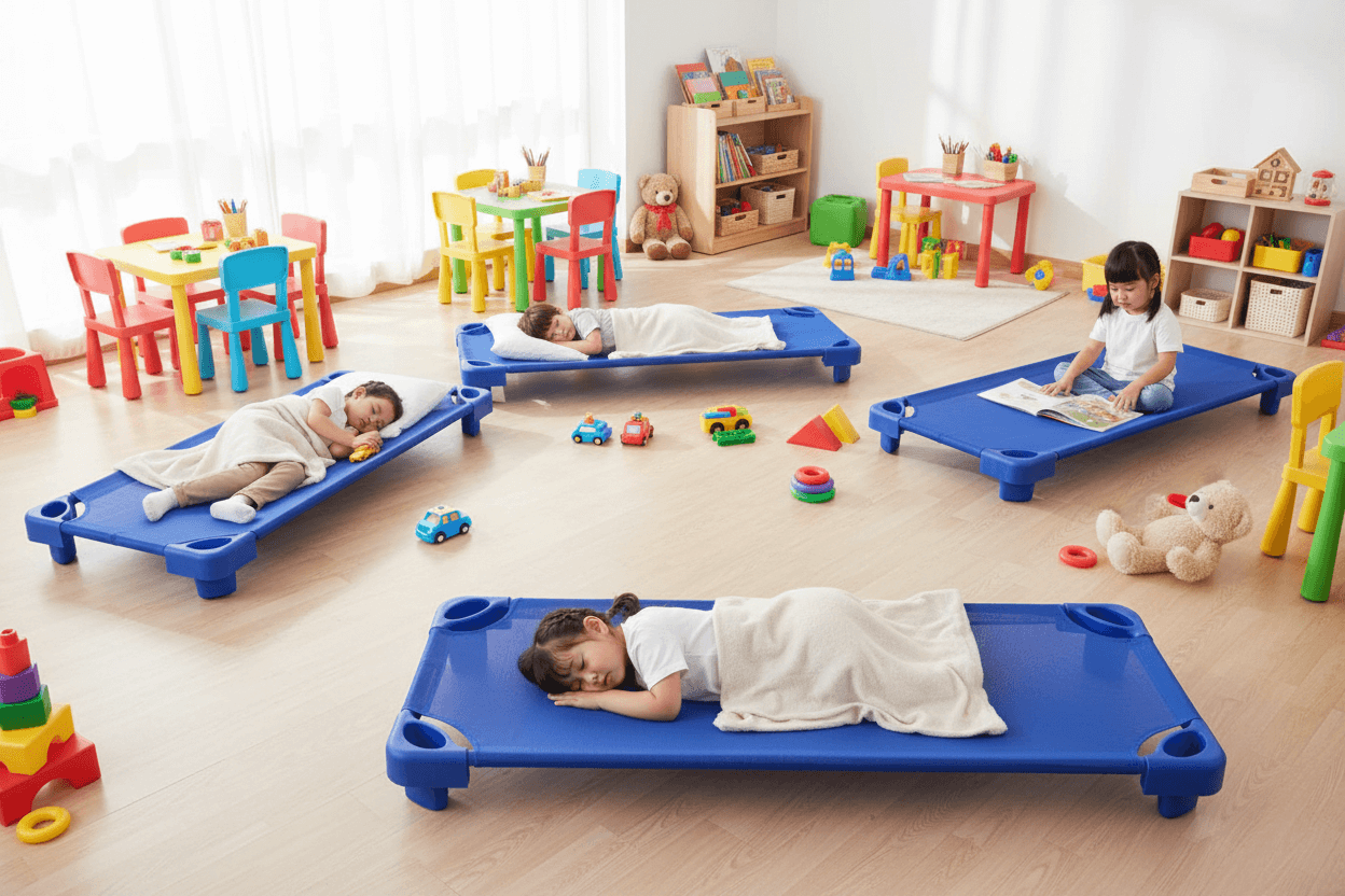 Modré plastové lehátko do školky